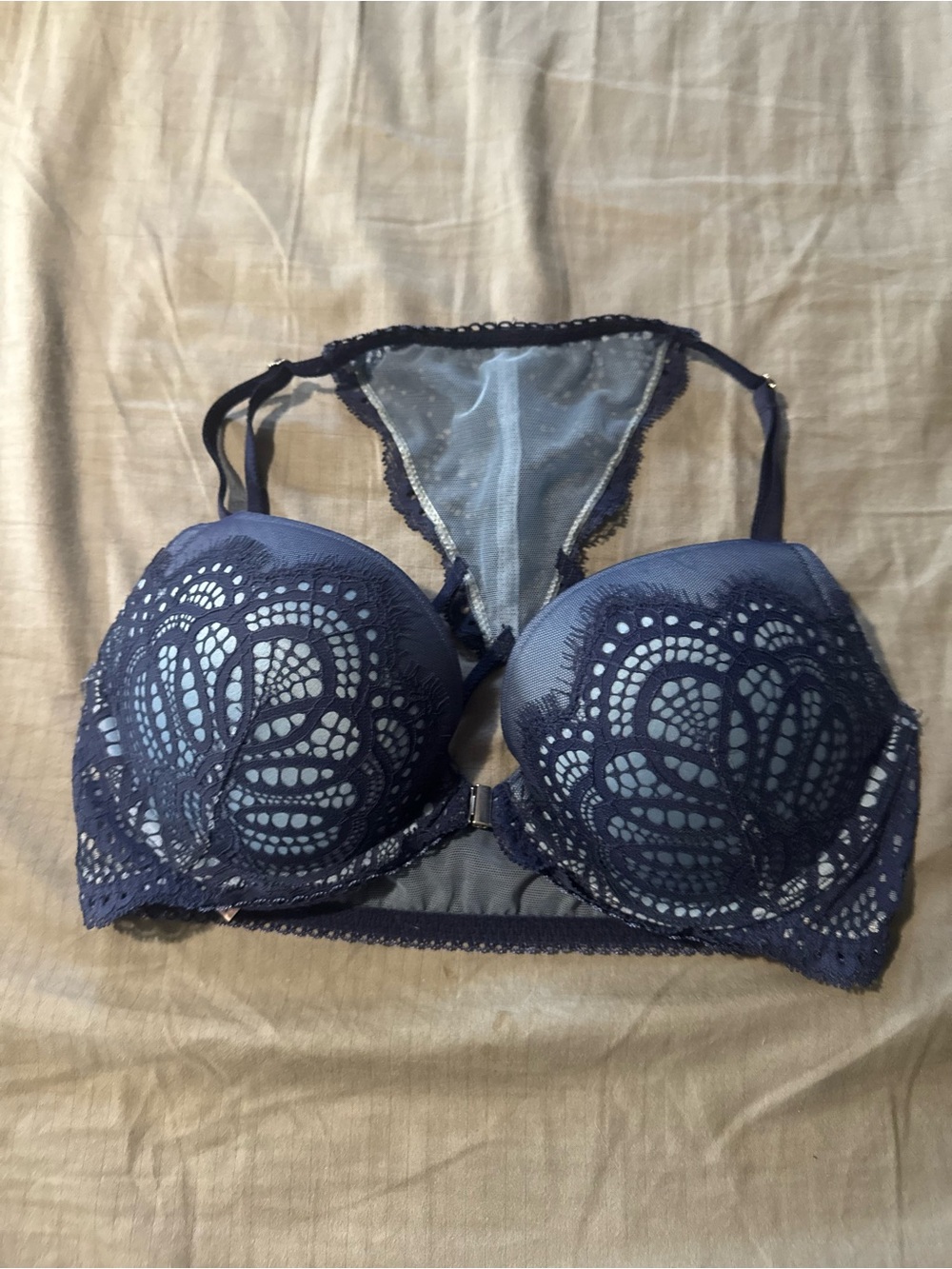 Victoria's Secret Navy Lace Front-Close Push-Up Bra with Strappy Racerback